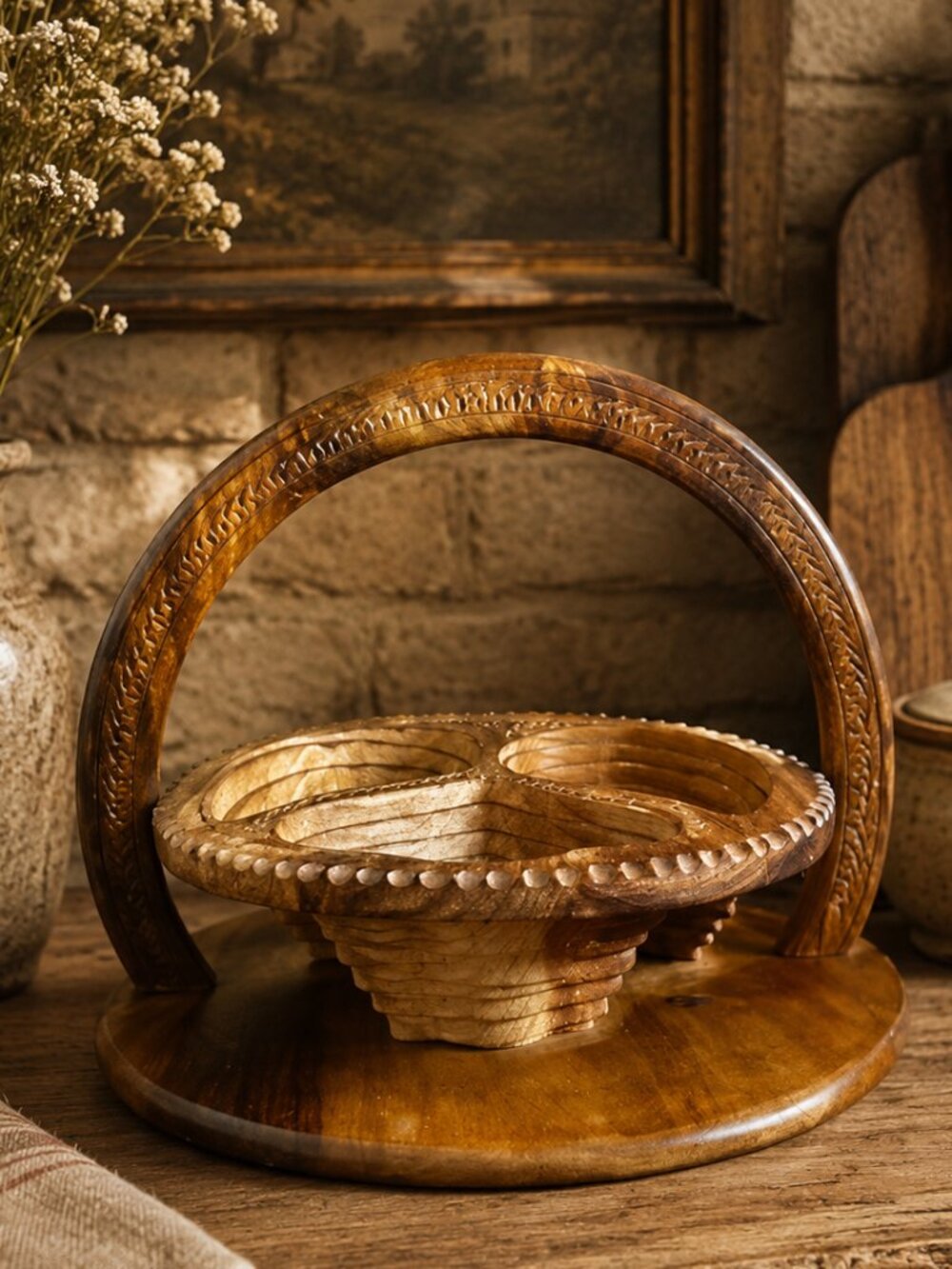 Vintage Collapsible Folding Hearts Ornate Handcrafted Wooden Basket 12"